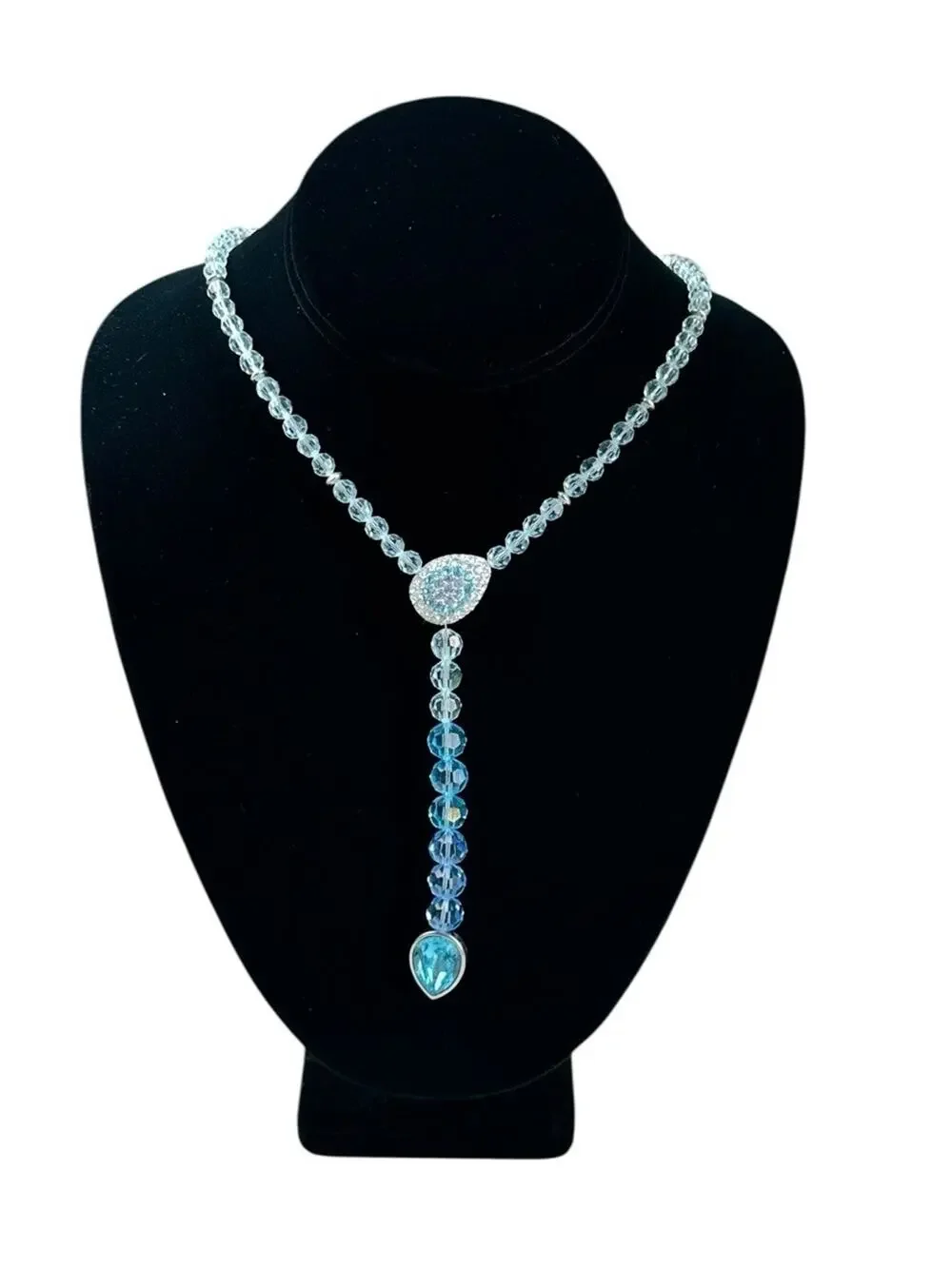 Swarovski Crystal Y-Drop Necklace Clear AB Beads Pave Oval Blue Teardrop Pendant